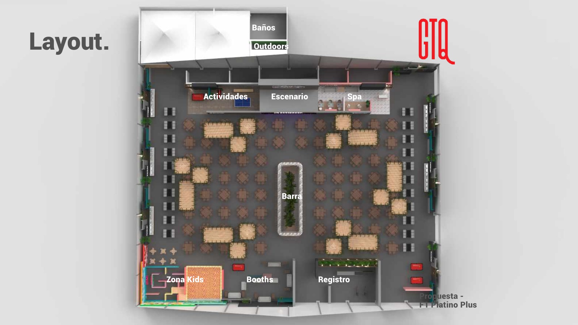 Top-down 3D floor plan of the hospitality tent. A long planted bar sits in the centre surrounded by tables. Along the top edge: Actividades, Escenario and Spa; along the bottom: Zona Kids, Booths and Registro; Baños and Outdoors sit outside the top-left corner.