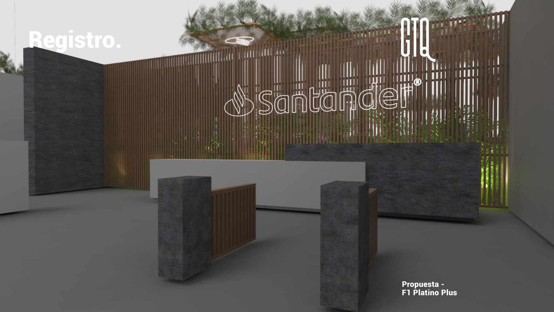 3D render of the registration area: a tall stained-pine lattice wall with a white outline Santander sign, a stone-finish counter beside a grey lacquered counter, and two stone and lattice entry posts in front.