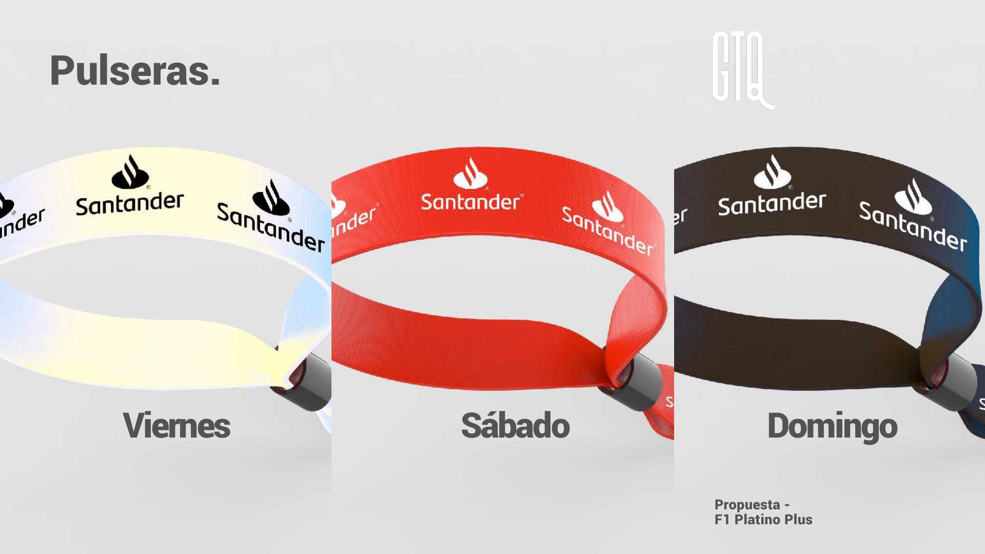 3D render of three fabric wristbands printed with the Santander logo: white for Friday, red for Saturday and black for Sunday.