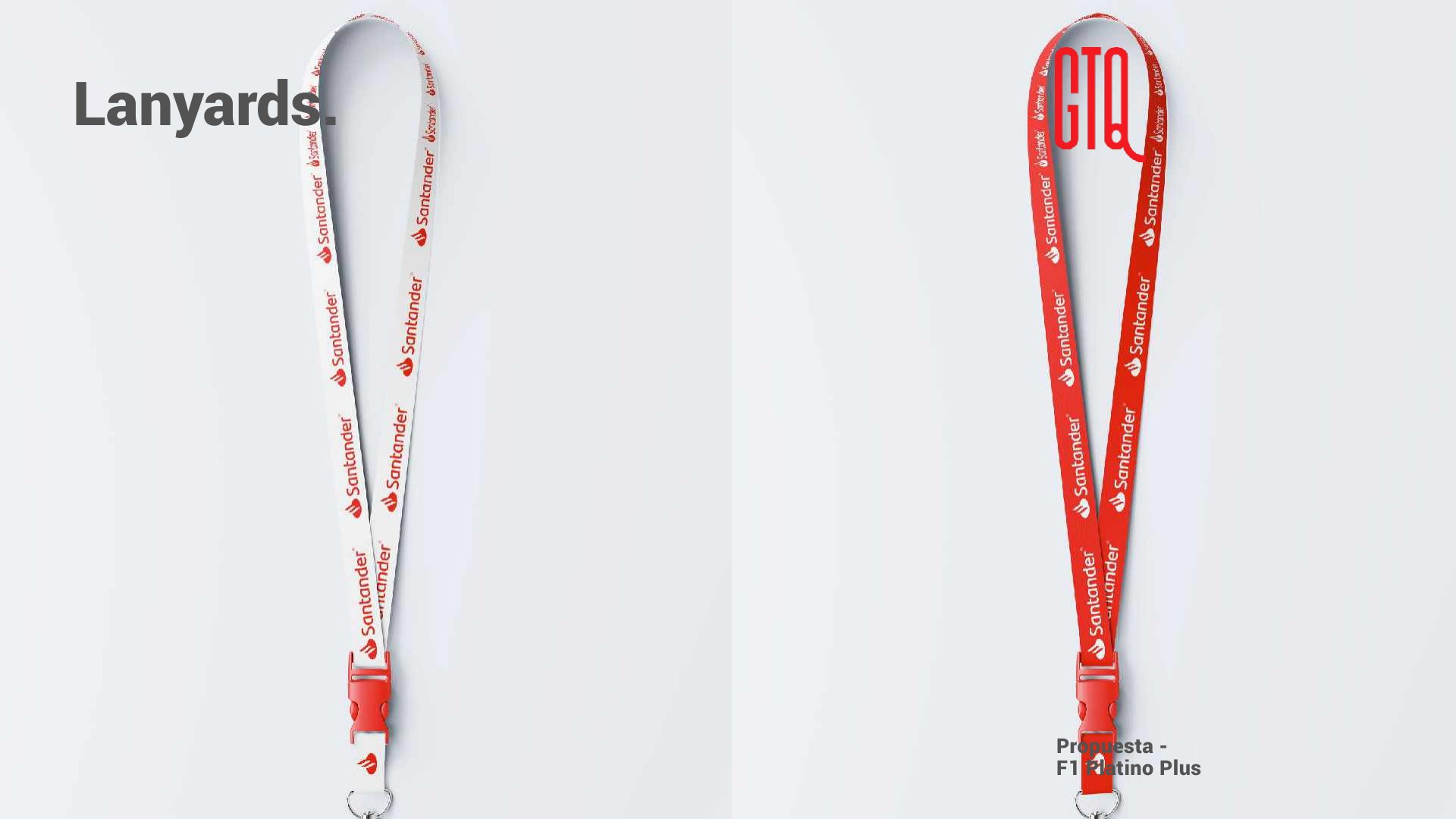 3D render of two lanyards with red buckles, one white and one red, each printed with repeating Santander logos.
