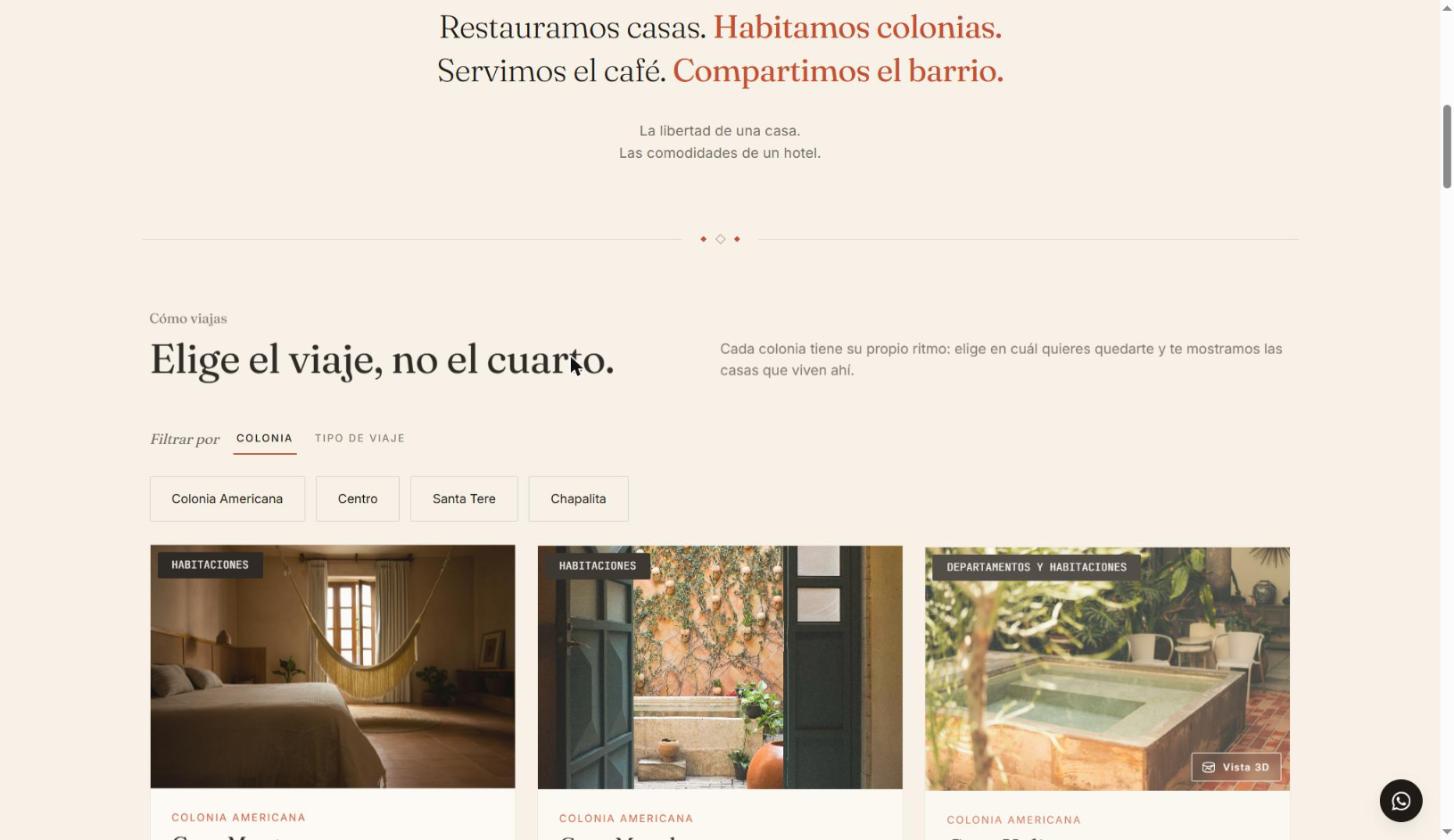 Barrio México houses section on a cream background: the heading “Elige el viaje, no el cuarto.”, filter tabs for neighborhood and type of trip, and three house cards with photos.